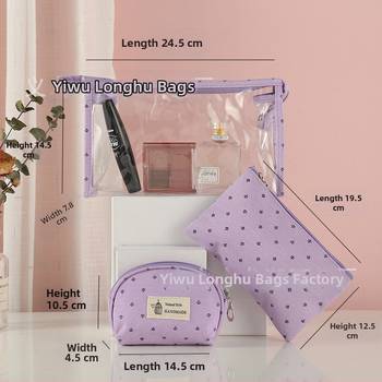 Козметична чанта за съхранение - Комплект от три части, PU кожа, модел панделка, водоустойчива, подплата от найлон