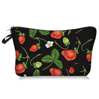 Козметична чанта с ягодов мотив, хоризонтална квадратна форма, полиестер, цип, за съхранение на грим