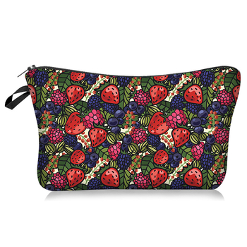 Козметична чанта с ягодов мотив, хоризонтална квадратна форма, полиестер, цип, за съхранение на грим