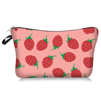 Козметична чанта с ягодов мотив, хоризонтална квадратна форма, полиестер, цип, за съхранение на грим
