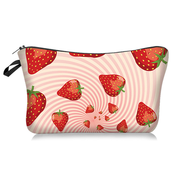 Козметична чанта с ягодов мотив, хоризонтална квадратна форма, полиестер, цип, за съхранение на грим