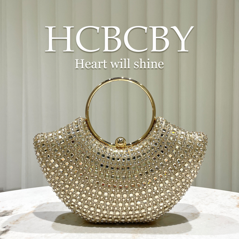 Ženska večernja torbica s kristalima – kutija-stil, oblik školjke, zaključavanje na bravu, čvrst okvir, poliester vanjska i podstava, proljeće 2025