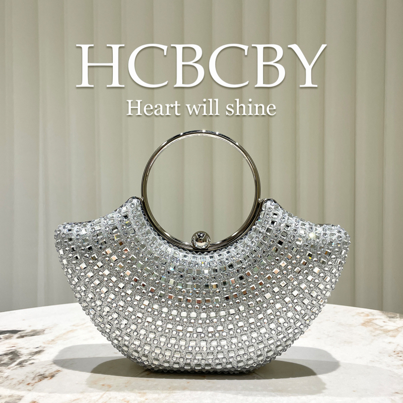Ženska večernja torbica s kristalima – kutija-stil, oblik školjke, zaključavanje na bravu, čvrst okvir, poliester vanjska i podstava, proljeće 2025