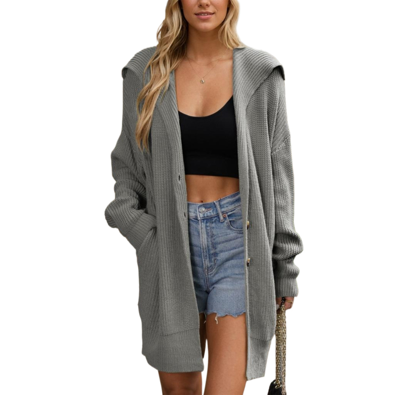 Γυναικείο πλεκτό ζακετάκι από ακρυλικό ύφασμα, V-λαιμό, τρία κουμπιά, μήκος μέσης