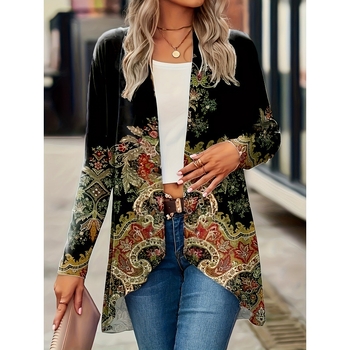 Μακρύ γυναικείος καρντάγκιν χωρίς κουμπιά με φλοράλ εκτύπωση, χωρίς γιακά, μακριά μανίκια — πολυεστερικό ύφασμα, φθινοπωρινή κυκλοφορία 2024, casual στυλ ιαπωνο-κορεατικό