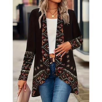 Μακρύ γυναικείος καρντάγκιν χωρίς κουμπιά με φλοράλ εκτύπωση, χωρίς γιακά, μακριά μανίκια — πολυεστερικό ύφασμα, φθινοπωρινή κυκλοφορία 2024, casual στυλ ιαπωνο-κορεατικό