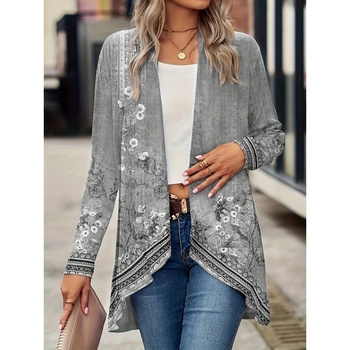 Μακρύ γυναικείος καρντάγκιν χωρίς κουμπιά με φλοράλ εκτύπωση, χωρίς γιακά, μακριά μανίκια — πολυεστερικό ύφασμα, φθινοπωρινή κυκλοφορία 2024, casual στυλ ιαπωνο-κορεατικό