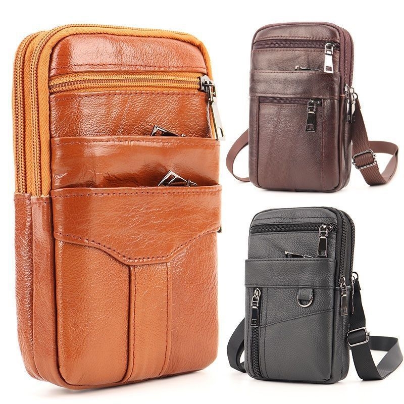 Mobiliojo telefono dėklas iš natūralios odos, viršutinio sluoksnio karvės odos, užtrauktukas, vertikalus kvadrato siluetas, poliesterio pamušalas