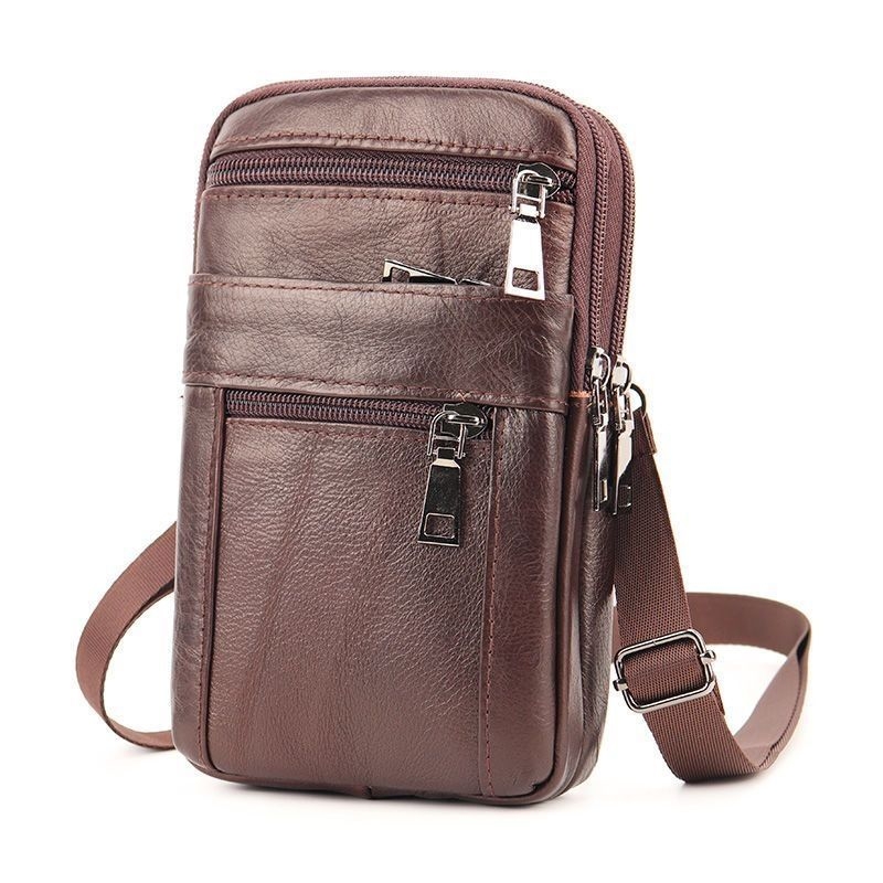 Mobiliojo telefono dėklas iš natūralios odos, viršutinio sluoksnio karvės odos, užtrauktukas, vertikalus kvadrato siluetas, poliesterio pamušalas