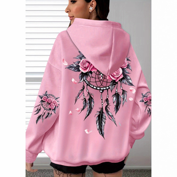 Moteriškas kapucinės 3D spausdinimo megztinis su ilgomis rankovėmis, apvaliu kaklu, poliesterio-imitacijos medvilnės mišinio 70–80%