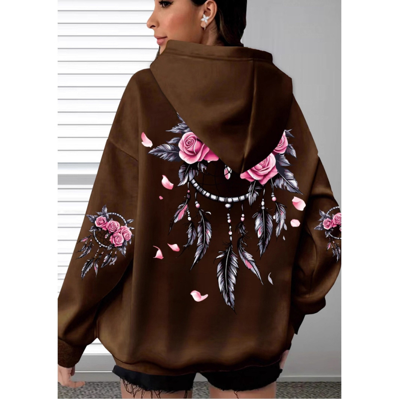 Moteriškas kapucinės 3D spausdinimo megztinis su ilgomis rankovėmis, apvaliu kaklu, poliesterio-imitacijos medvilnės mišinio 70–80%