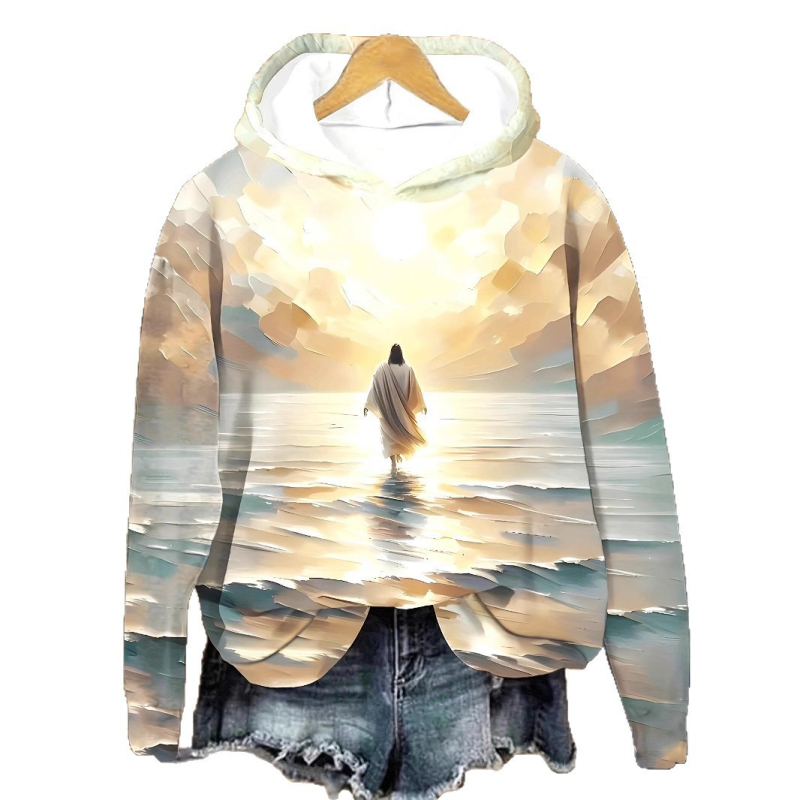 Moteriškas kapucinės 3D spausdinimo megztinis su ilgomis rankovėmis, apvaliu kaklu, poliesterio-imitacijos medvilnės mišinio 70–80%