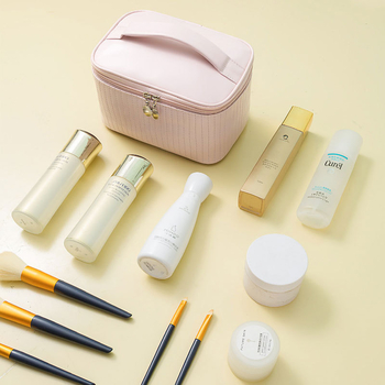 Чанта за козметика - голям капацитет, преносима за пътуване, PU материал, подплата полиестер, разширяема, минималистично луксозна