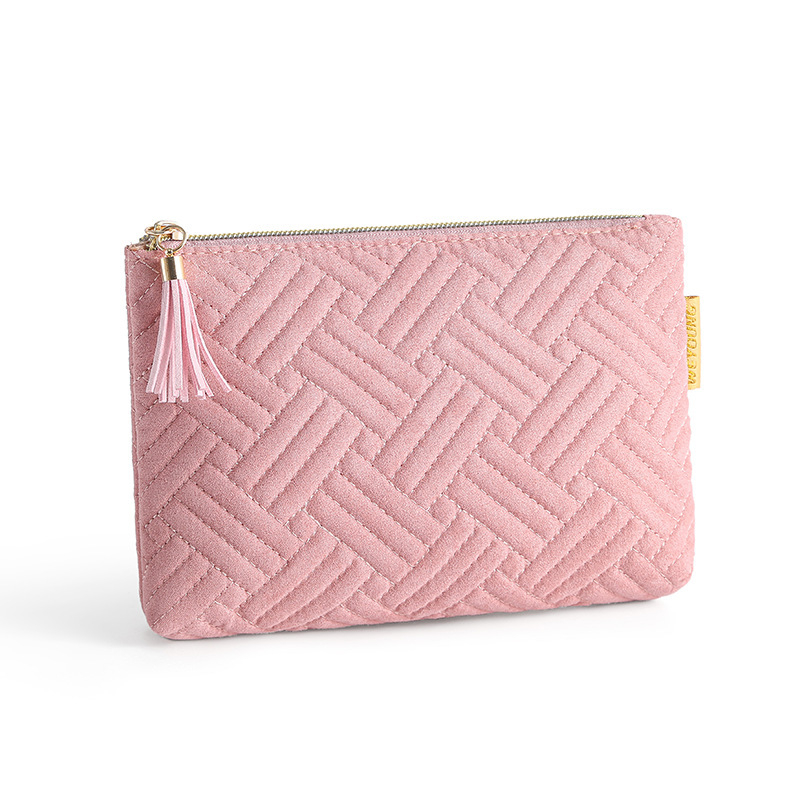 Velúr anyagú sminkes táska utazáshoz, csíkos mintával, bélelt poliészter belsővel