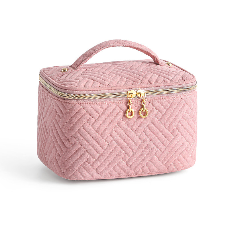 Velúr anyagú sminkes táska utazáshoz, csíkos mintával, bélelt poliészter belsővel