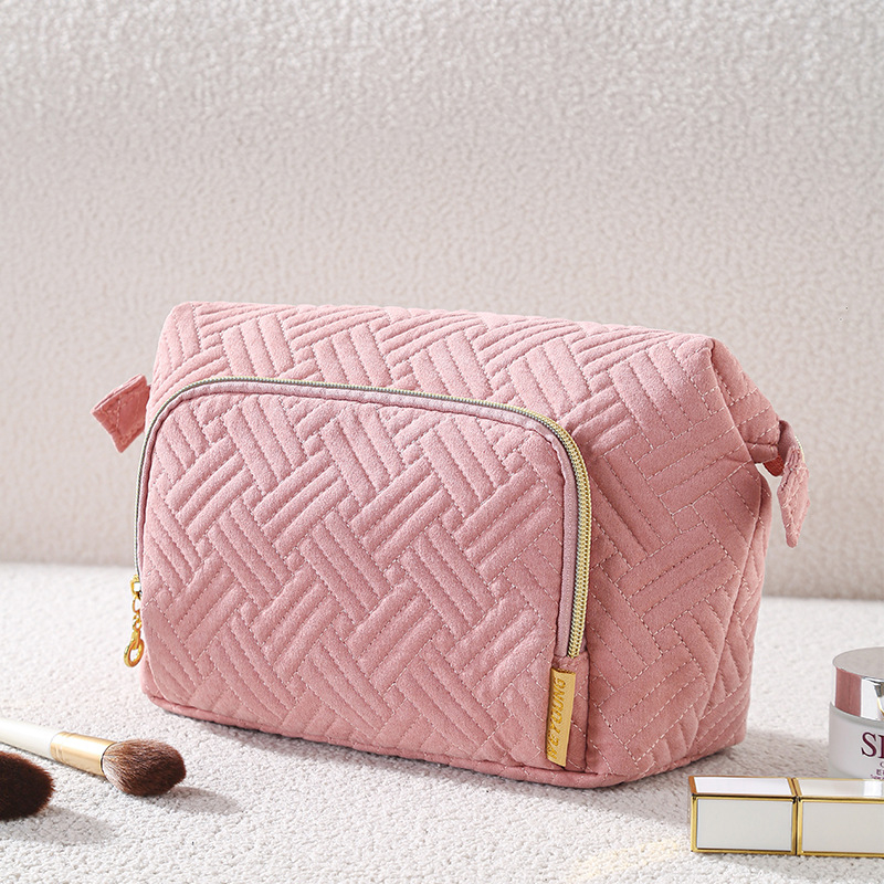 Velúr anyagú sminkes táska utazáshoz, csíkos mintával, bélelt poliészter belsővel