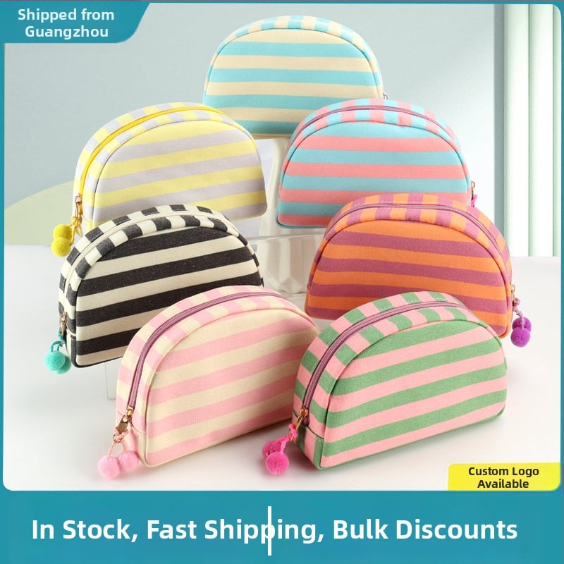 Drobės makiažo krepšys su dryžiais, nešiojamas, universalus stilius, poliesterio pamušalas, kasdieniniam naudojimui