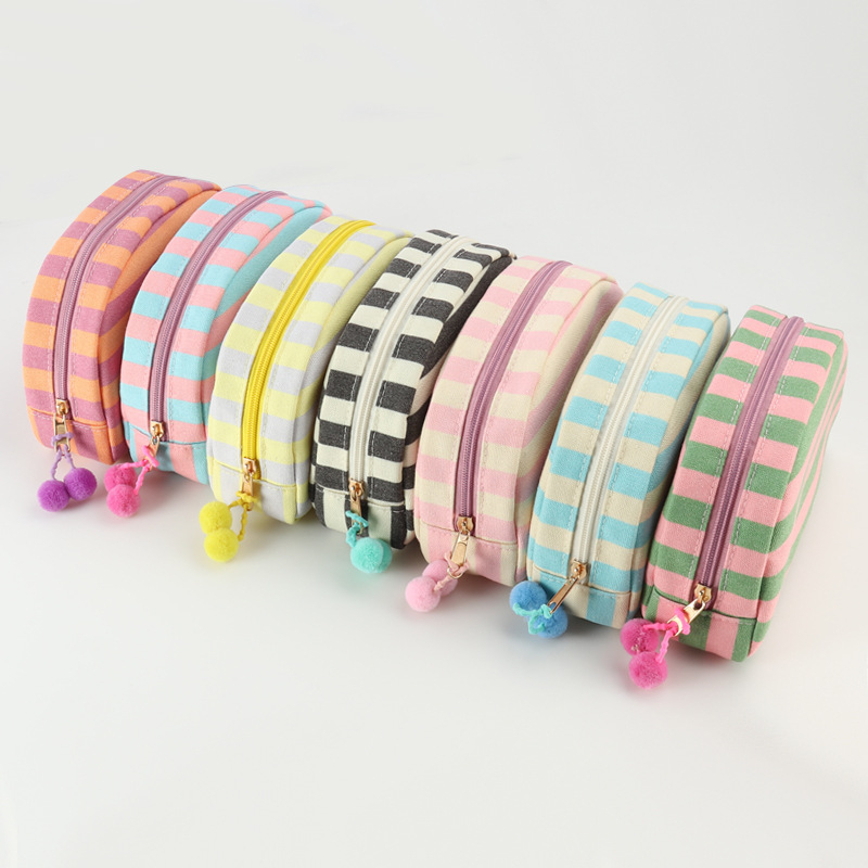 Drobės makiažo krepšys su dryžiais, nešiojamas, universalus stilius, poliesterio pamušalas, kasdieniniam naudojimui