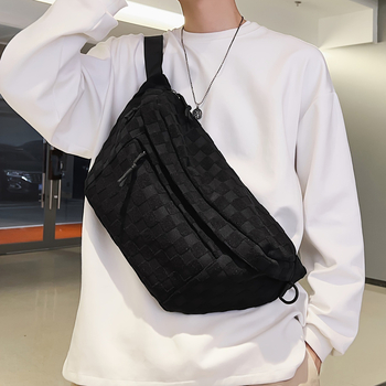 Unisex torbica za prsnu s kariranim uzorkom, višestruki džepovi, velika zapremina, pamuk i lan, proljeće 2025, s dodatnim pretincom, za svakodnevnu upotrebu