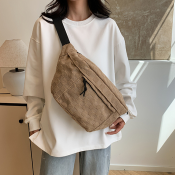 Unisex torbica za prsnu s kariranim uzorkom, višestruki džepovi, velika zapremina, pamuk i lan, proljeće 2025, s dodatnim pretincom, za svakodnevnu upotrebu