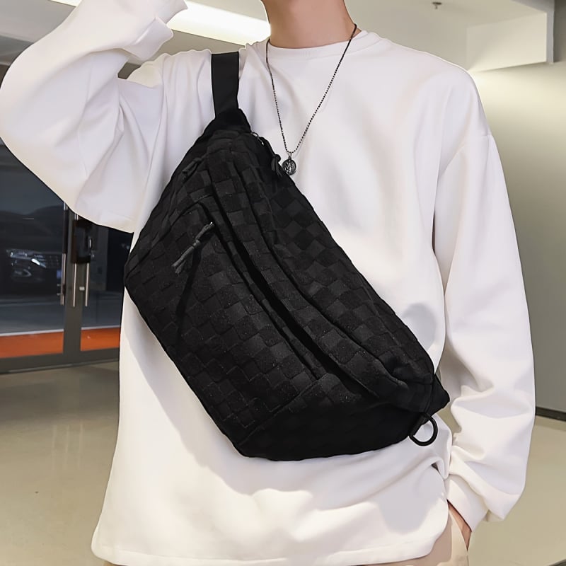 Unisex torbica za prsnu s kariranim uzorkom, višestruki džepovi, velika zapremina, pamuk i lan, proljeće 2025, s dodatnim pretincom, za svakodnevnu upotrebu