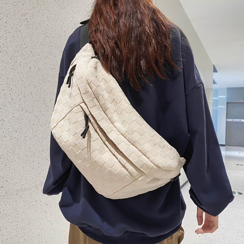 Unisex torbica za prsnu s kariranim uzorkom, višestruki džepovi, velika zapremina, pamuk i lan, proljeće 2025, s dodatnim pretincom, za svakodnevnu upotrebu