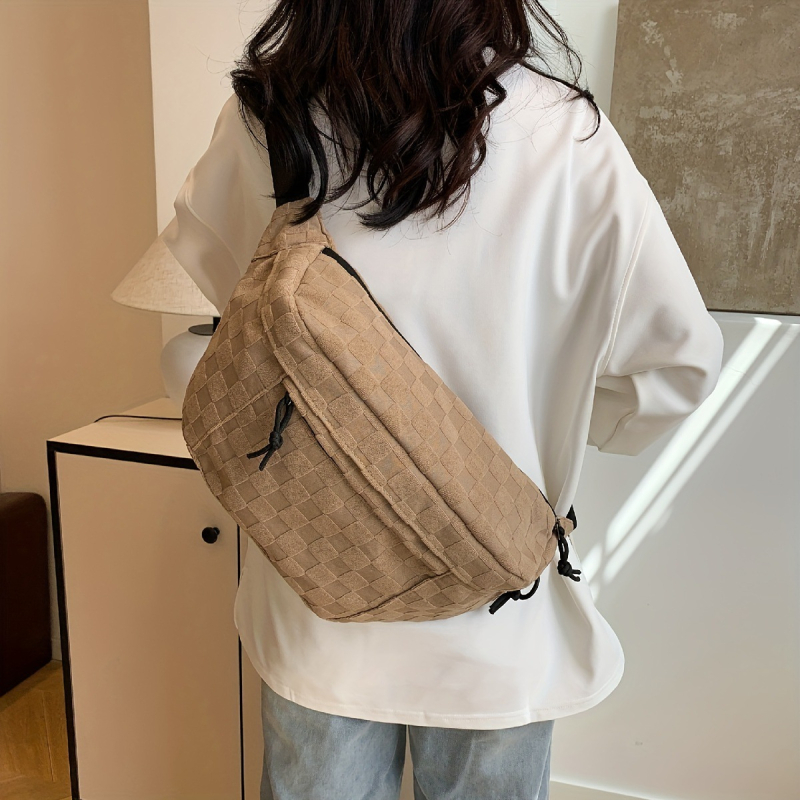 Unisex torbica za prsnu s kariranim uzorkom, višestruki džepovi, velika zapremina, pamuk i lan, proljeće 2025, s dodatnim pretincom, za svakodnevnu upotrebu