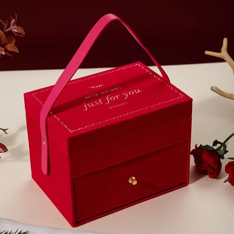 Двуслойна кутия с огледало от велур за сватбен подарък – кутия за грим и бижута с подаръчна опаковка