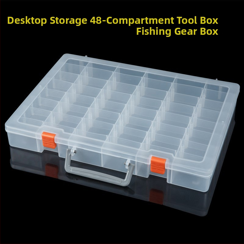 Dalių laikymo dėžutė su pertvaromis, nešiojama, skaidri su 48 skyreliais, PP medžiaga, dangtelis įtrauktas