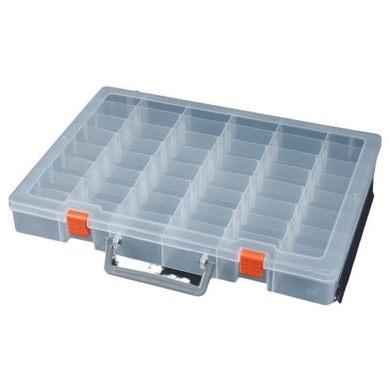 Dalių laikymo dėžutė su pertvaromis, nešiojama, skaidri su 48 skyreliais, PP medžiaga, dangtelis įtrauktas