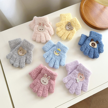 Vaikų veliūrinės pirštinės rudens–žiemos sezonui, unisex, megztos, animacinis meškiuko raštas, amžius 1–3 metai
