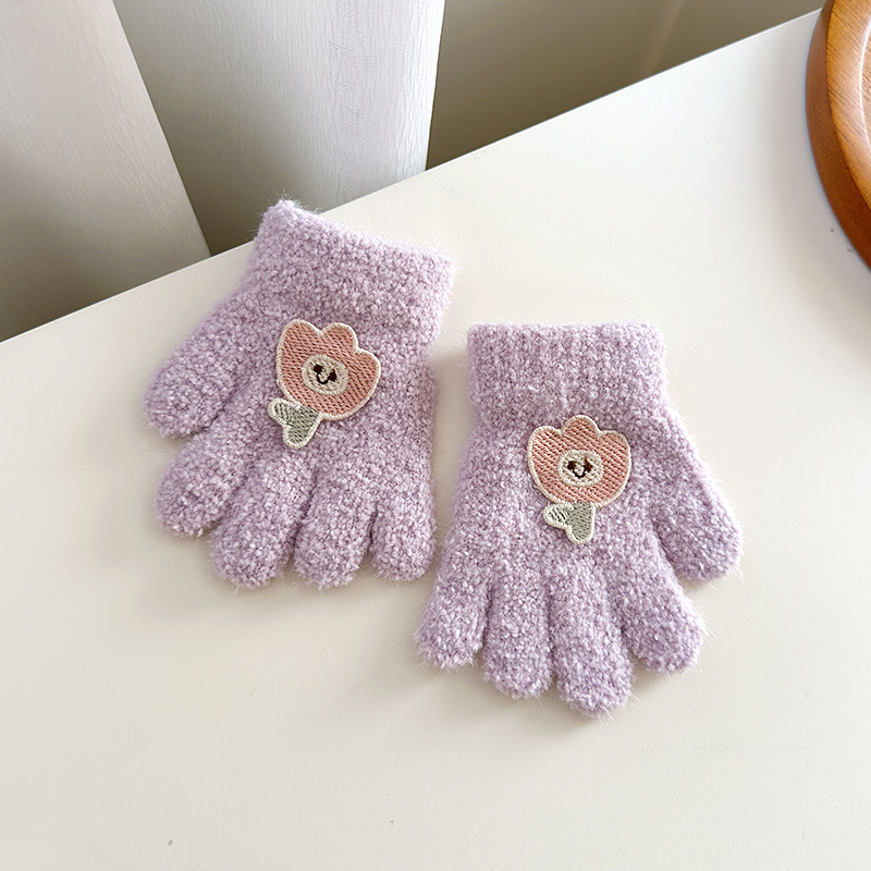 Vaikų veliūrinės pirštinės rudens–žiemos sezonui, unisex, megztos, animacinis meškiuko raštas, amžius 1–3 metai