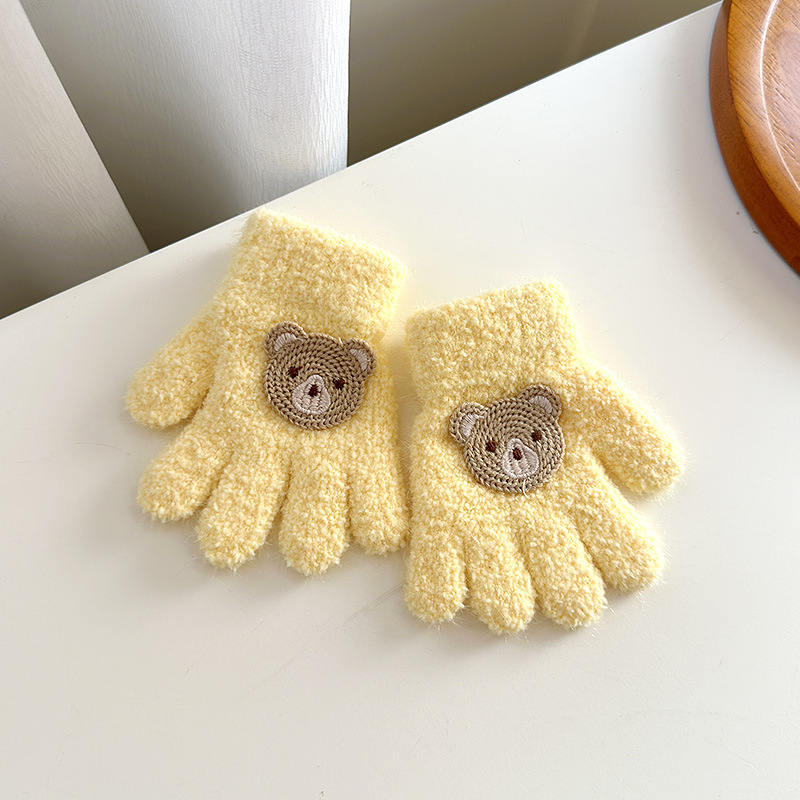 Vaikų veliūrinės pirštinės rudens–žiemos sezonui, unisex, megztos, animacinis meškiuko raštas, amžius 1–3 metai