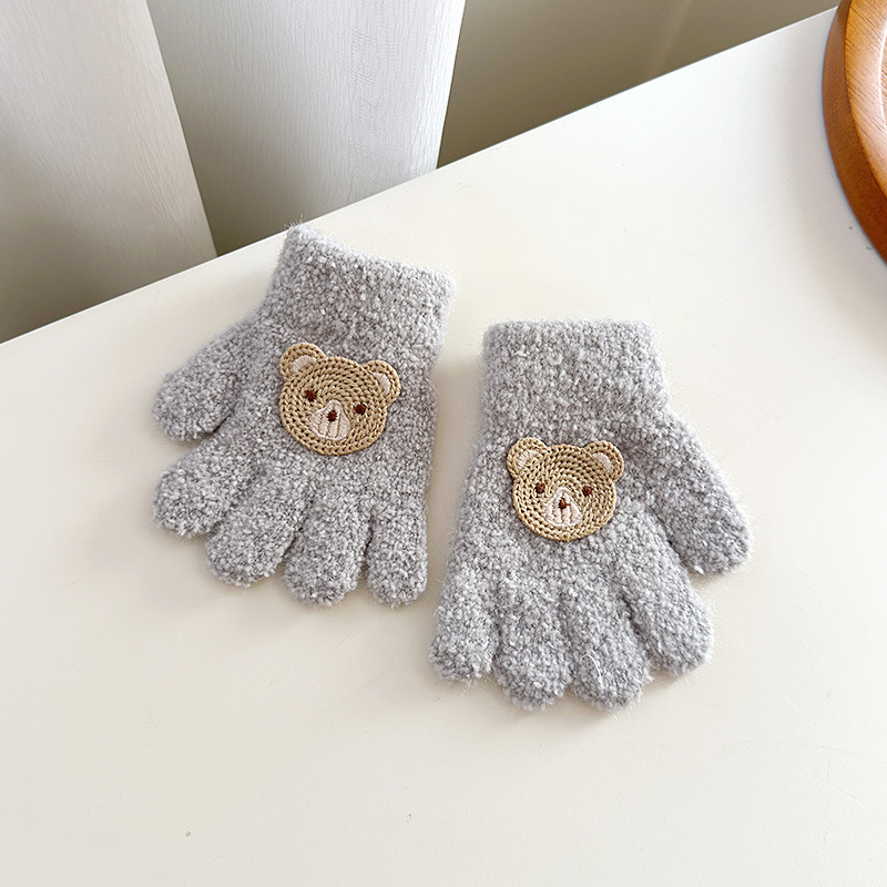 Vaikų veliūrinės pirštinės rudens–žiemos sezonui, unisex, megztos, animacinis meškiuko raštas, amžius 1–3 metai