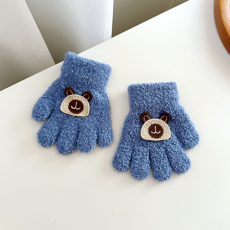 Vaikų veliūrinės pirštinės rudens–žiemos sezonui, unisex, megztos, animacinis meškiuko raštas, amžius 1–3 metai