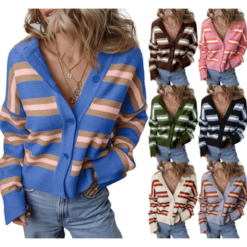 Плетен пуловер с ивици и V-образно деколте, акрилна материя със смес полиестер, уличен стил, есен 2024