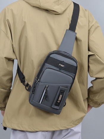 Мъжка кръстосана чанта за гърди от PVC, дишаща и с отражателна функция, шарка с букви, подплата полиестер, подходяща за бизнес пътувания