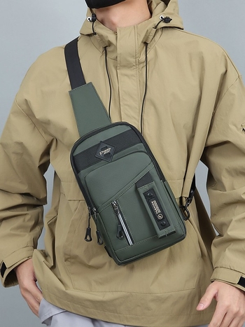 Мъжка кръстосана чанта за гърди от PVC, дишаща и с отражателна функция, шарка с букви, подплата полиестер, подходяща за бизнес пътувания