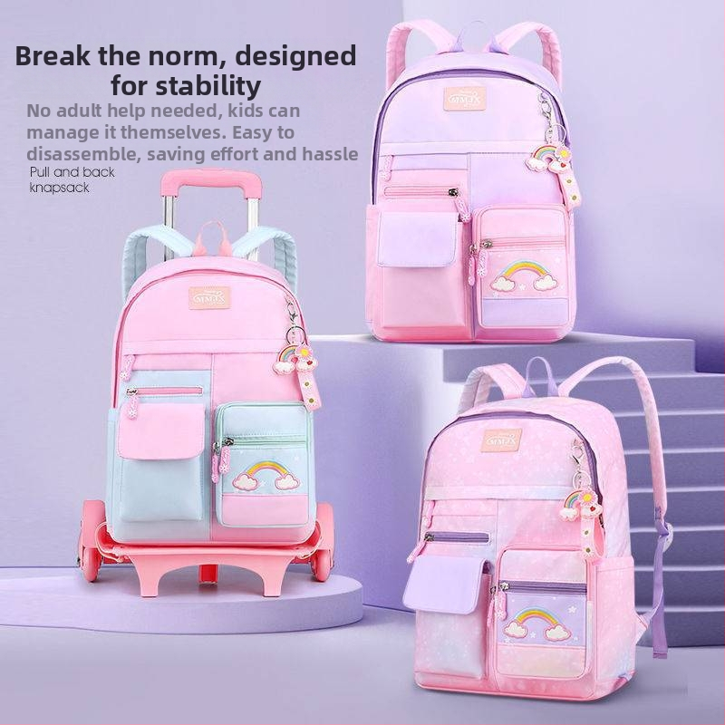 Ученическа раница с тролей за момичета, за начално училище, модел Констелация, намаляване на натоварването и защита на гръб, нейлон/полиестер