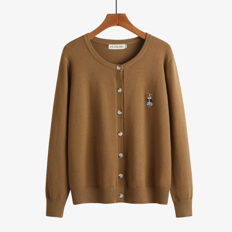 Cardigan tricot cu broderie urs, amestec de bumbac, guler rotund, mâneci lungi, lungime medie 50–65 cm