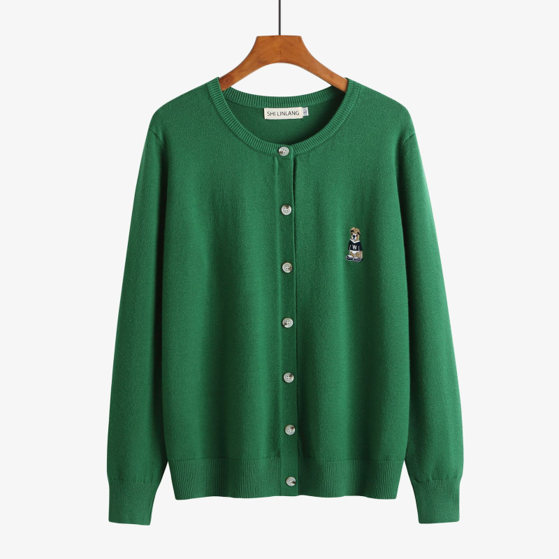 Cardigan tricot cu broderie urs, amestec de bumbac, guler rotund, mâneci lungi, lungime medie 50–65 cm