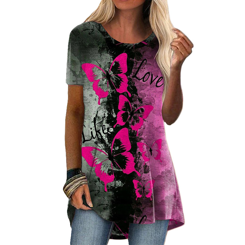 Ženski T-shirt od pamuk-poliester miješavine s okruglim izrezom, kratkim rukavima, digitalni print etno-retro dizajn