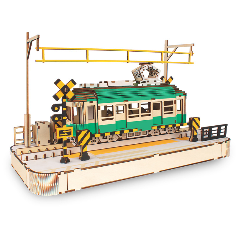 Medinis 3D dėlionė tramvajus vaikams — DIY draugiškas, pritaikomas pagal brėžinius, tinkamas 7–14 metų