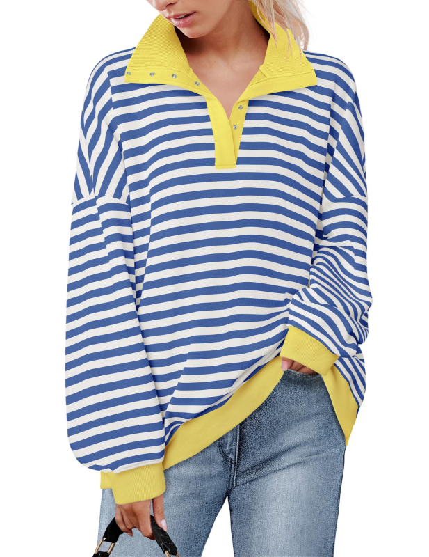 Laza szabású pulóver kerek nyakú, csíkos mintázatú, hosszú ujjú, középméretű hosszúságú