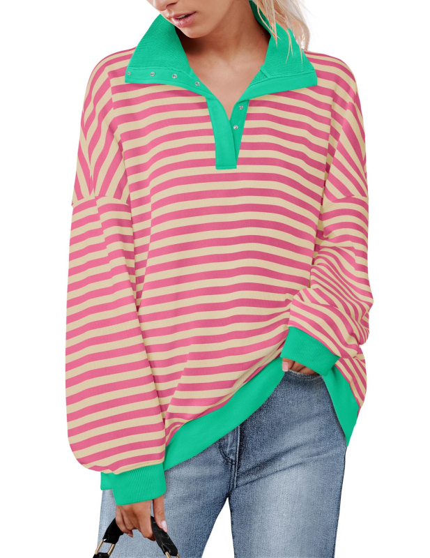 Laza szabású pulóver kerek nyakú, csíkos mintázatú, hosszú ujjú, középméretű hosszúságú