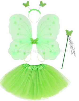 Детски сценичен танцов костюм: четири части с крила на пеперуда, аксесоар за глава и магическа пръчка; материя найлон; за деца 3–8 г.; подходящ за модерни и латин танци