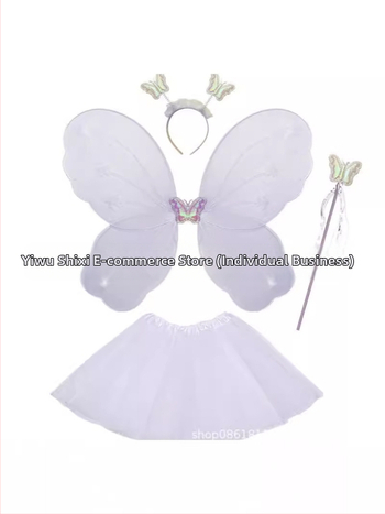 Детски сценичен танцов костюм: четири части с крила на пеперуда, аксесоар за глава и магическа пръчка; материя найлон; за деца 3–8 г.; подходящ за модерни и латин танци