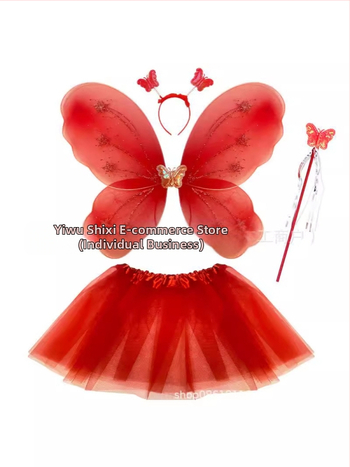 Детски сценичен танцов костюм: четири части с крила на пеперуда, аксесоар за глава и магическа пръчка; материя найлон; за деца 3–8 г.; подходящ за модерни и латин танци