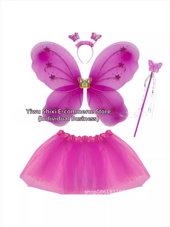 Детски сценичен танцов костюм: четири части с крила на пеперуда, аксесоар за глава и магическа пръчка; материя найлон; за деца 3–8 г.; подходящ за модерни и латин танци