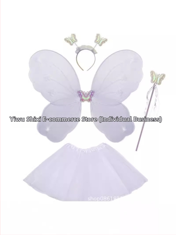 Детски сценичен танцов костюм: четири части с крила на пеперуда, аксесоар за глава и магическа пръчка; материя найлон; за деца 3–8 г.; подходящ за модерни и латин танци